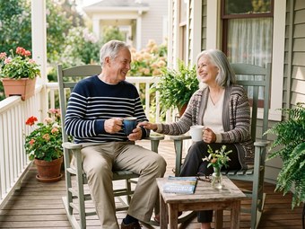 Happy senior couple enjoying retirement on a sunny porch